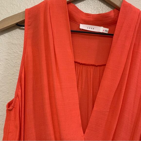 LUSH HIGH LOW TOP WOMENS SMALL  NEON ORANGE SURPLICE SLEEVELESS V NECK BLOUSE. - Picture 3 of 11